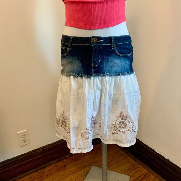 VTG YMI Lace Ruffle Denim Midi Skirt y2k 2000s 90s Western Mixed Peasant Cotton - Picture 1 of 16